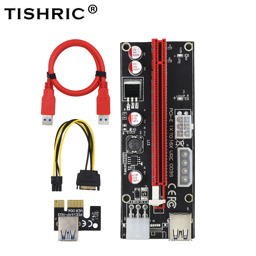 

TISHRIC VER009S Pci Express Riser Card M2 1x 16x Dual 6Pin 4Pin Power Pci-e Extender For BTC Mining SATA Molex USB Adapter Cable