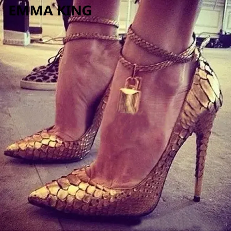 

Fashion Metal Snake Leather Women Stilettos Pump Pointed Toe Lock Decora Ladies Dress Wedding Shoes Woman Sexy High Heels Pump