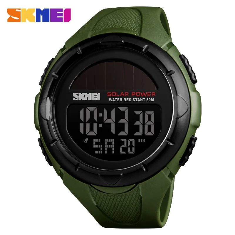SKMEI солнечной энергии спортивные часы мужские водонепроницаемые светодиодные цифровые мужские часы люксовый бренд электронные часы мужские наручные - Цвет: army green