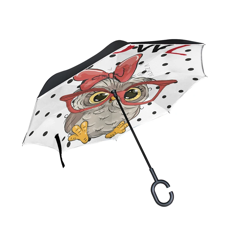 

Upside Down Umbrella Cute Owl with Glasses Reversible Umbrella Heavy Duty Inverted Oversized Golf Umbrellas Windproof for Women