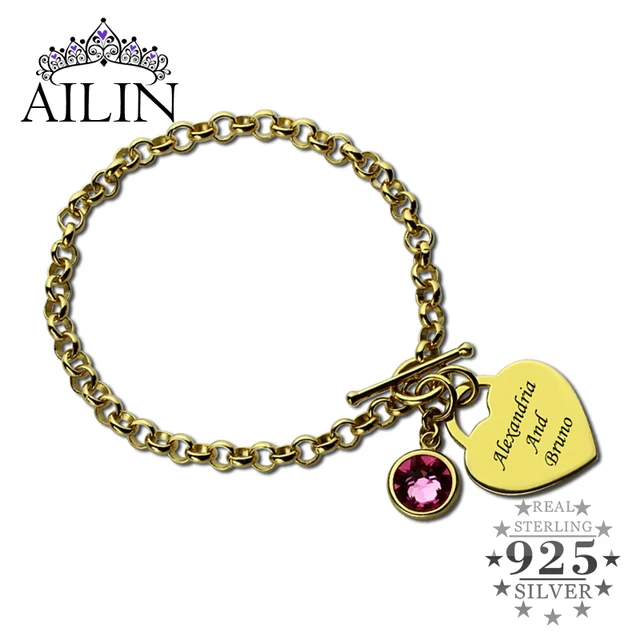 Ailin Engraved Names Charm Bracelet Personalized Heart Birthstone Ailin Engraved Names Charm Bracelet Personalized Heart Birthstone Gold Color You And Me Nameplate