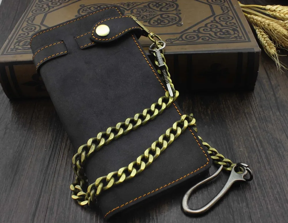 

Mens Vintage Black Leather Biker Wallet Purse With Brass Cuban Link Key Chain
