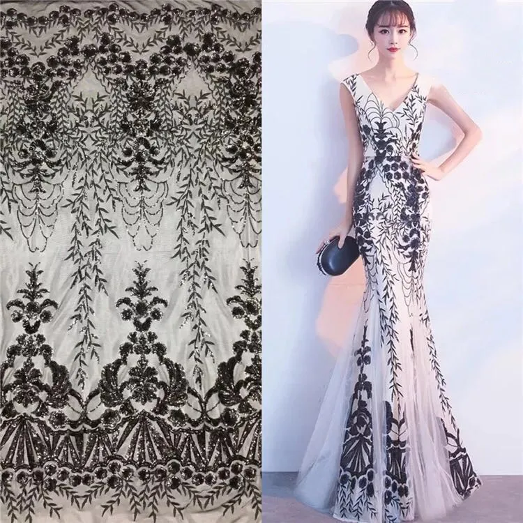 

5yards hot popular african guipure lace fabric 3mm sparkling sequins on mesh embroidery Sequins lace fabric for evening dress