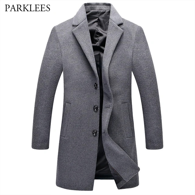 Gray Wool Trench Coat Men 2017 Winter Men's Long Trench Coats Single