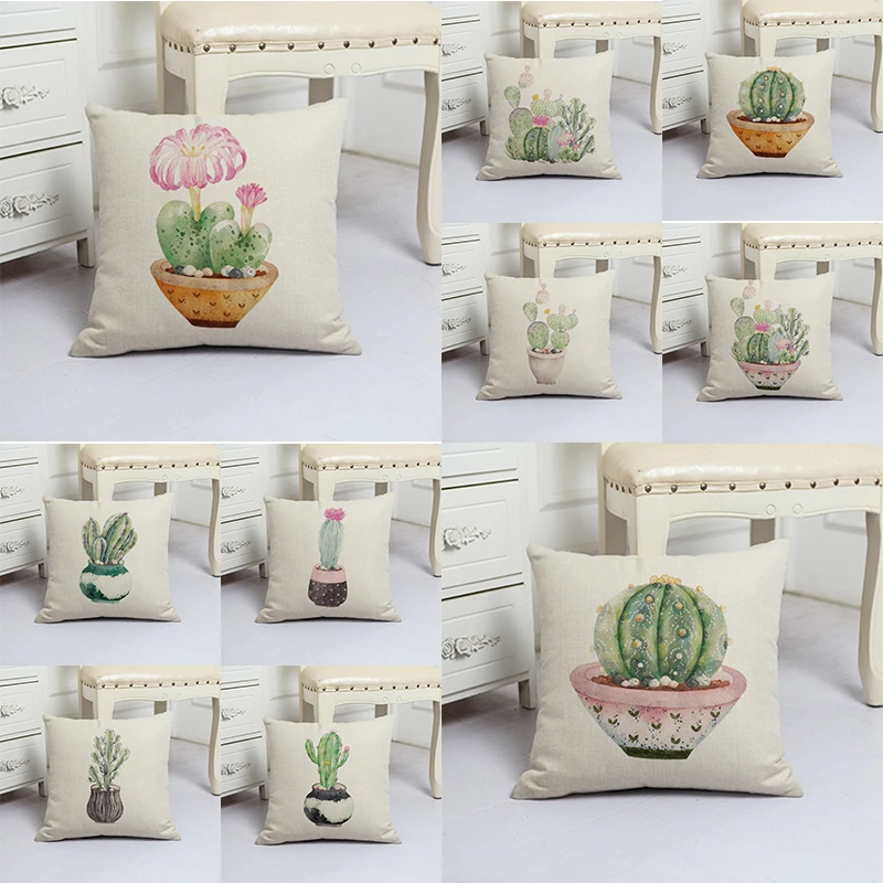 

Cactus Flowers Printed Flowerpot Cushion Cover Farmhouse Decor Monstera Throw Pillow Covers Plants Pillows Linen Chair Cushions