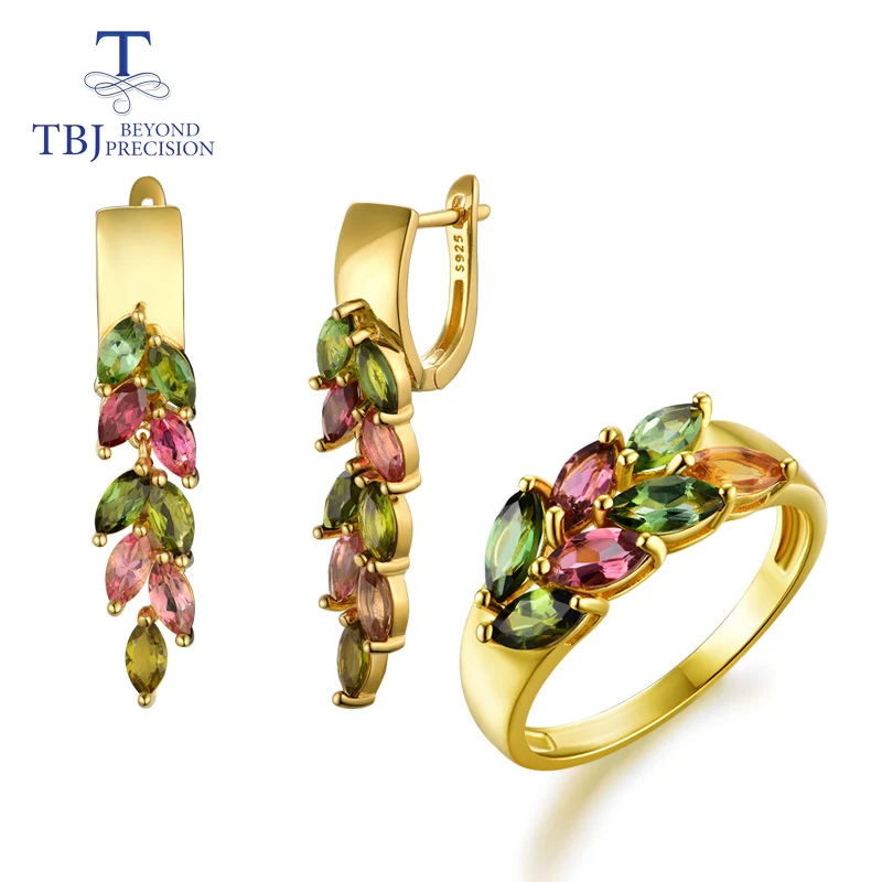 TBJ, цветной натуральный драгоценный камень, бразильский турмалин, ювелирный набор, серебро 925 пробы, золото, хорошее ювелирное изделие для женщин, жены, вечерние, хороший подарок - Цвет камня: tourmaline set