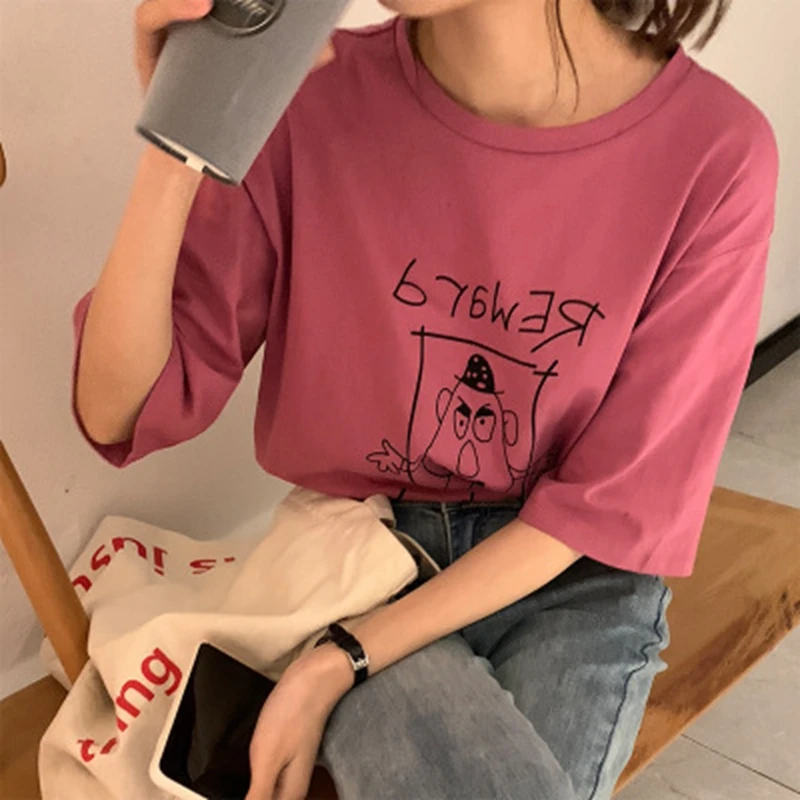 

Cartoon Simple Cotton Print Short Sleeve Korean Korean Drop Shoulder Sleeve T-Shirt Loose Casual Short Sleeve