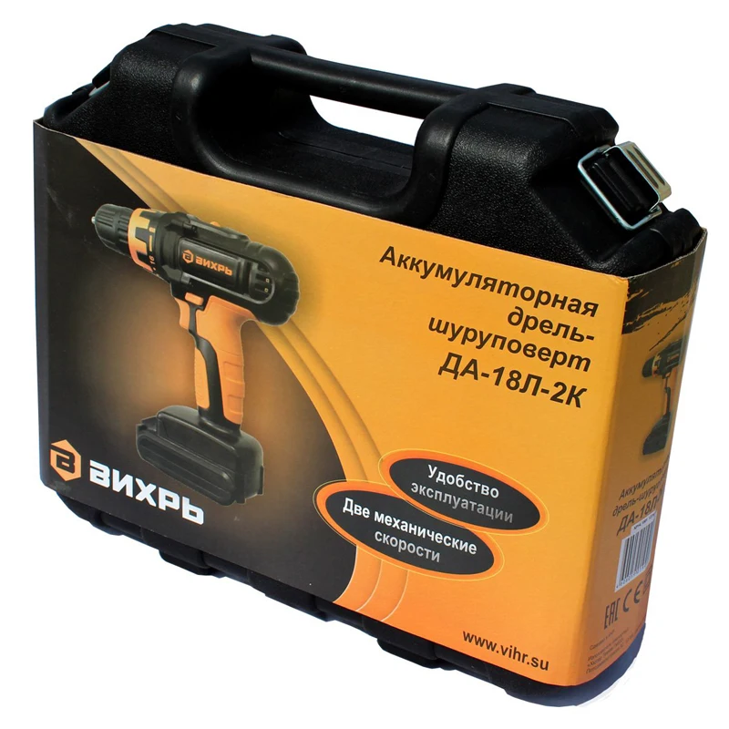 Дрель-шуруповерт аккумуляторная ВИХРЬ ДА-18Л-2К (Аккумулятор Li-Ion, напряжение 18 В, емкость 1.3 Ач, макс.диаметр сверления 30 мм, 2 скорости 0-350 и 0-1250 об/мин, реверс, 2 аккумулятора, кейс)