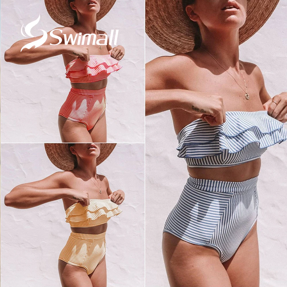 

Sexy High Waist Swimwear Women 2019 Striped ruffle Female Bikini set Solid color Bathing Suit Swimsuit beach split Biquini