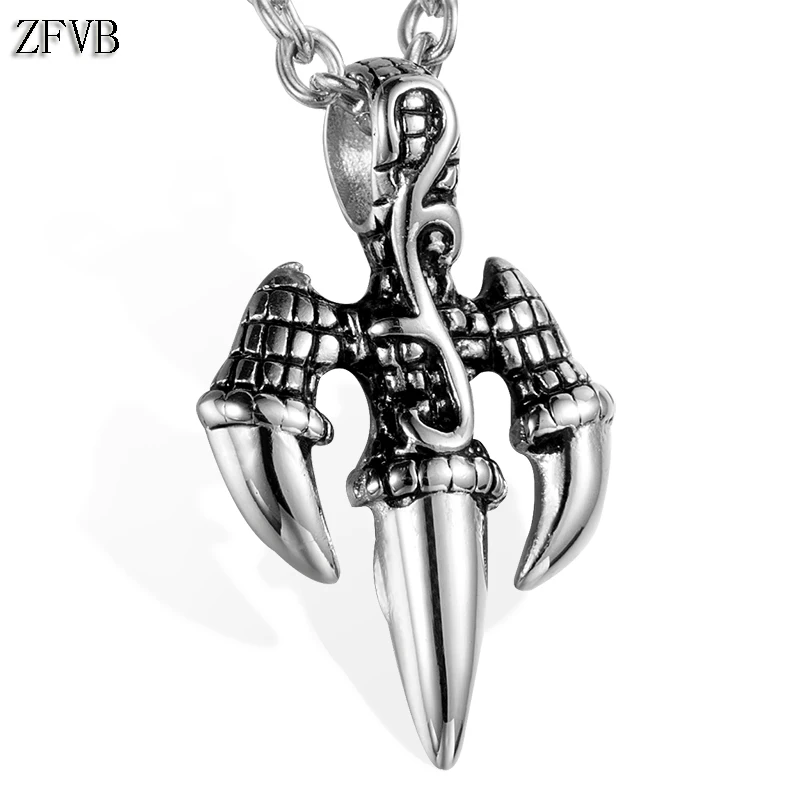 ZFVB Punk Claw Pendant Necklace Men 316L Stainless Steel Skull Skeleton Paws Necklaces Pendants Mens Trident Jewelry Gift | Украшения и