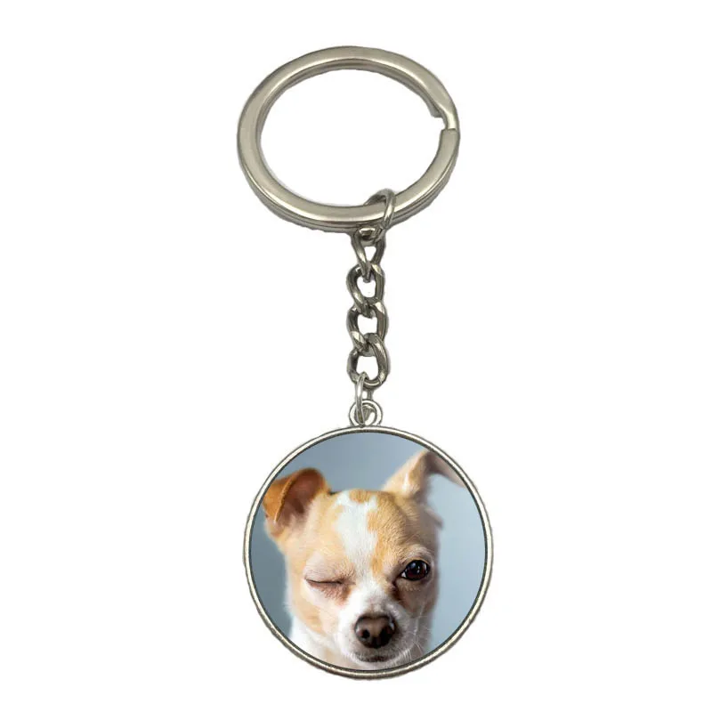 Cute Chihuahua Art Picture Silver Keychain Dog Glass Dome Car Keychain Fashion Anime Cartoon