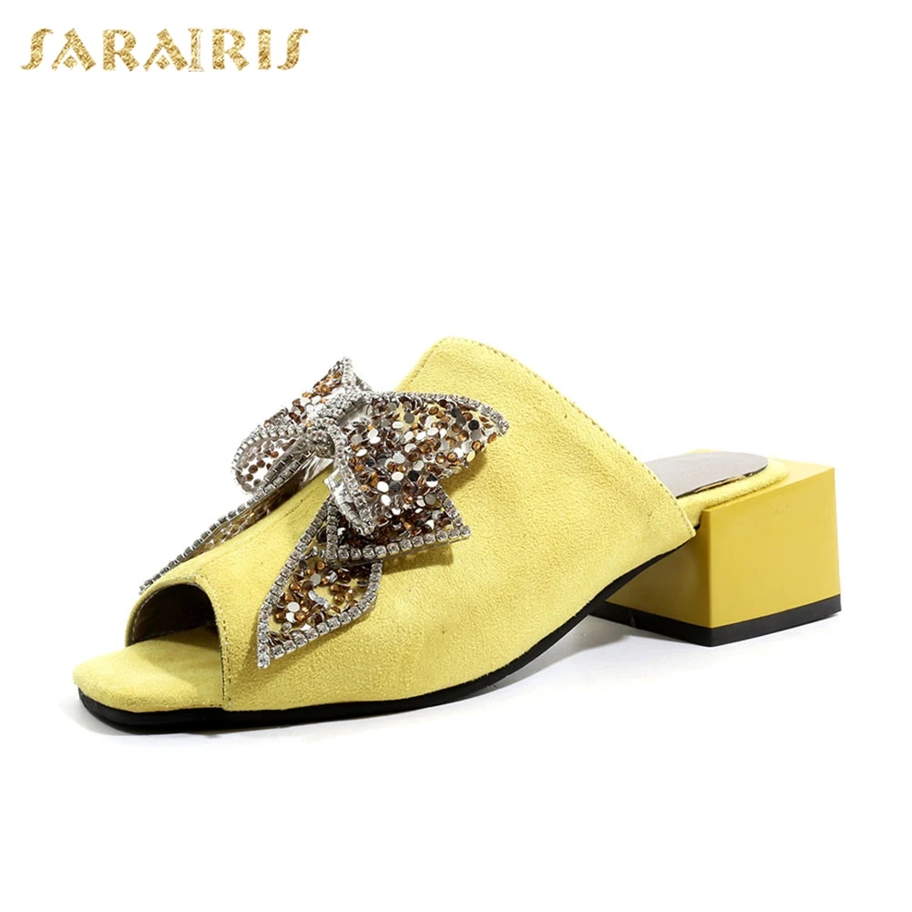 

SARAIRIS Brand New Plus Size 32-48 Peep Toe Crystal Bowtie Ladies High Heels Mules Shoes Woman Causal Summer Slippers 2019
