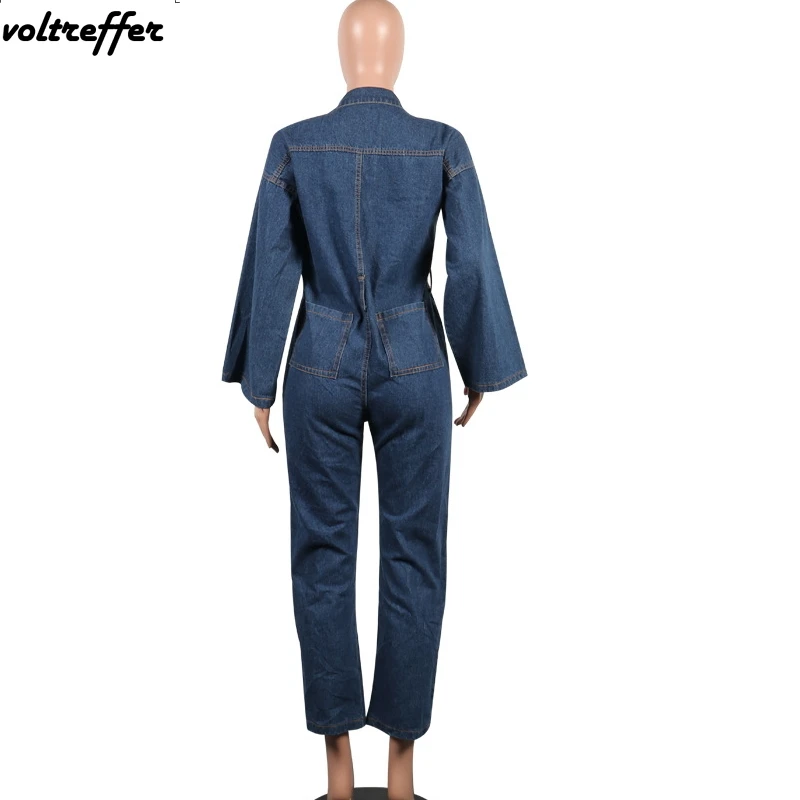 Denim Rompers Womens Jumpsuit Flare Sleeve Button Jeans Hip Hop Streetwear Casual Loose Overalls 2018 Fall Korean Sexy Pockets