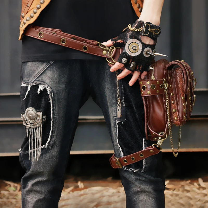 Gear Duke Steampunk Waist Pack Bag Retro Rock Gothic brown Fanny Bag Pack Shoulder Bag Vintage Men Women Leather Leg Bag