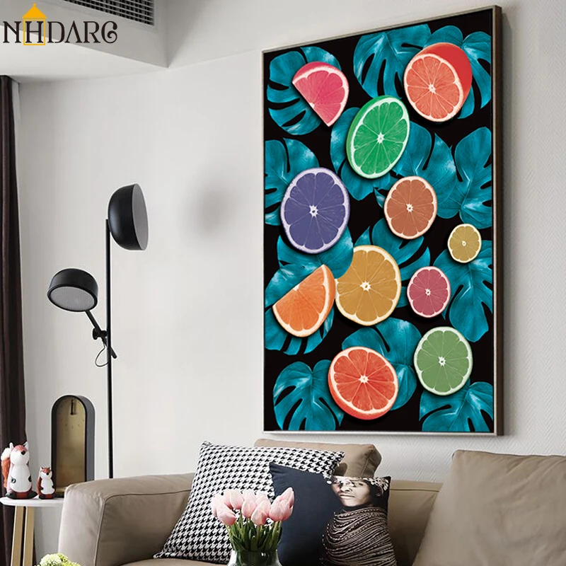 

Abstract Style Fruit Orange Green Leaves Posters and Prints Canvas Painting Wall Art Wall Pictures for Hallway Home Decor