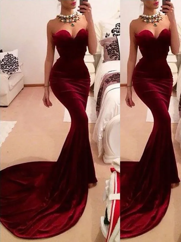 Sexy Strapless Mermaid Prom Dress Sweetheart Fluwelen Bourgondië Vrouwen Formele Avondjurken Plus Size Trompet Lange Partij Jassen Sexy Strapless Mermaid Prom Dress Sweetheart Fluwelen Bourgondië Vrouwen Formele Avondjurken Plus Size Trompet Lange Partij Jassen