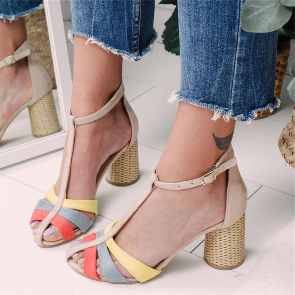 

Ladies Vintage Slip On Elastic Bandage Platform Sandals Sandalias Mujer Strap Heel Peep Toe Chunky Heel Sandals