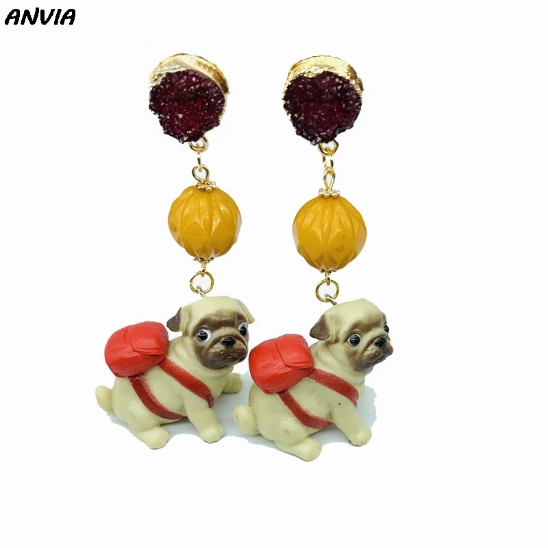 

Cute Dog Drop Earrings For Women Resin Animal Statement 3D Pug Dangle Earrings Girls Yellow Ball Red Handmade Jewelry 2019