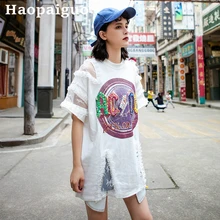 Lace Patchwork Harajuku Sequin Tshirt Women Hip Hop Causal Black T-shirt Cotton Print Letter ACOC Long Oversized T Shirt Ladies lace patchwork keyhole t shirt