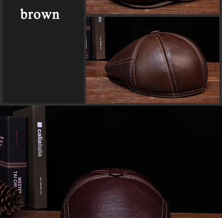 Man Eldly Dad Head Warm Velvet Boina With Line Ear Flap Hats Real Leather Fitted Thicken Beret Caps 14 11