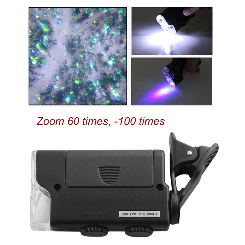 

Black Zoom 60X To 100X Mobile Phone Microscope Magnifier With Checking Cash Light