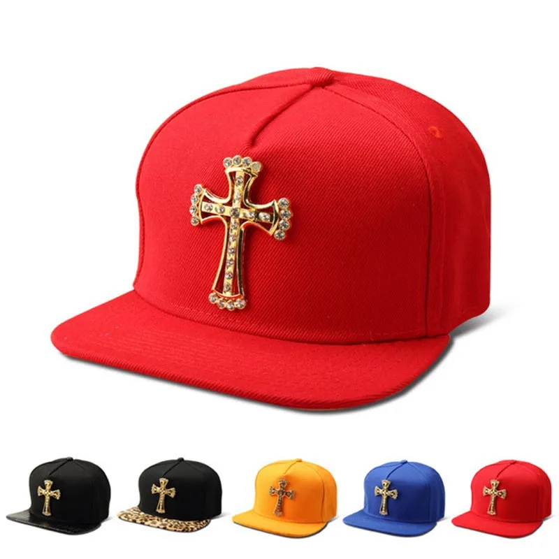 MissFox хип хоп золотой крест мужская шляпа Cz камни шпилька религия шапки мужские плоские полями черный крокодиловый узор кепки в стиле хип-хоп - Цвет: red