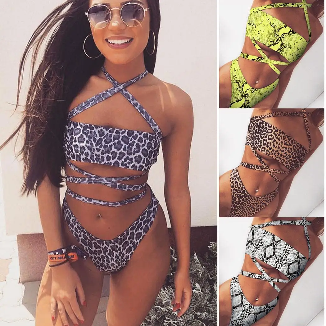 

Women Casual Halter Sleeveless Leopard Snake Print Bikini Swimsuit Yes Casual, Swim, etc Summer, Autumn Set