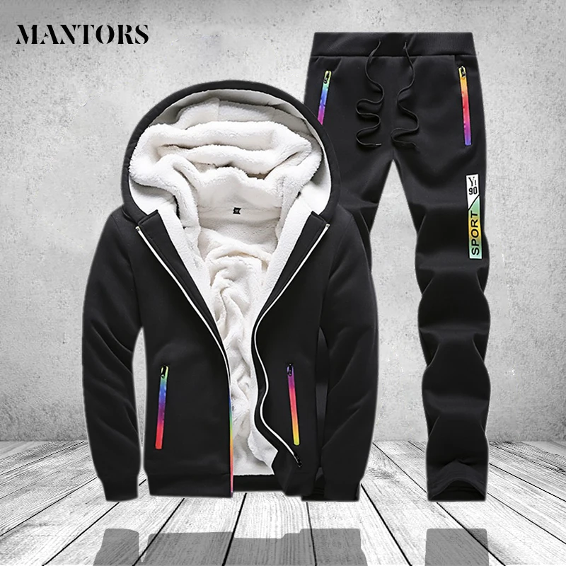 Winter Tracksuit Men Set Sporting Two Pieces Sweatsuit Mens Clothes Printed Thick Hooded Hoodies Jacket + Pants Track Suit Male