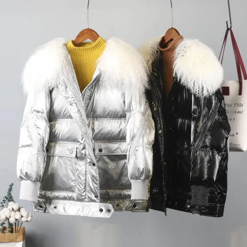 

Winter Silver Black Duck Down Coat Women Glossy Parka Long Loose Down Coat Real Wool Fur Collar Female Warm Waterproof Outerwear
