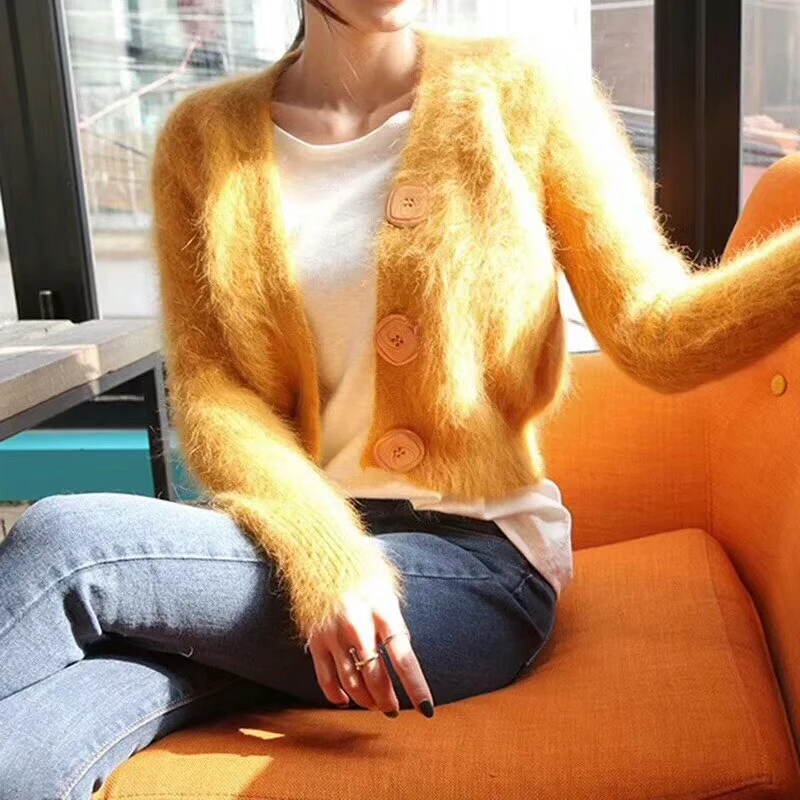 Новый для женщин свитер 2019 кардиганы для свитера с пуговицами Корейский желтый укороченный вязаное пальто свитеры жен