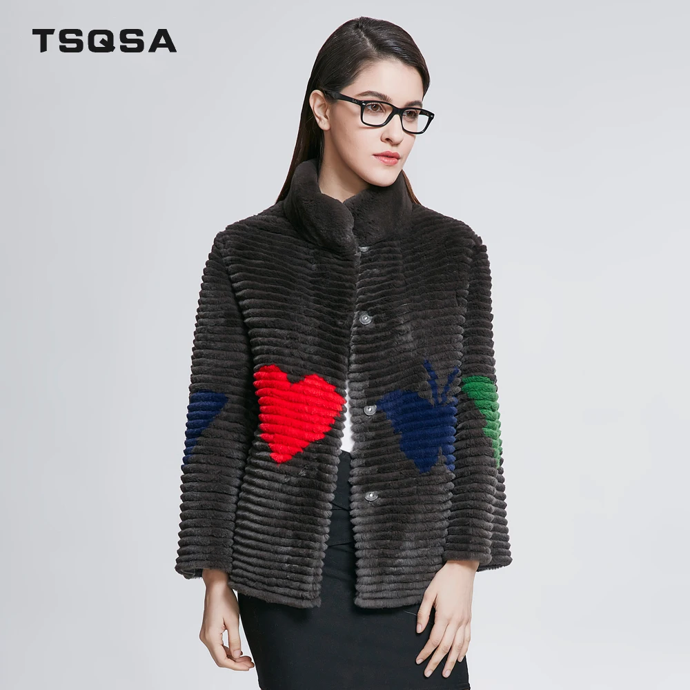 

TSQSA 2018 Fashion Real Rabbit Fur Coats Women Rex Rabbit With Floral Lady Clothing Natural Winter Female Outerwear Coat TAC1804