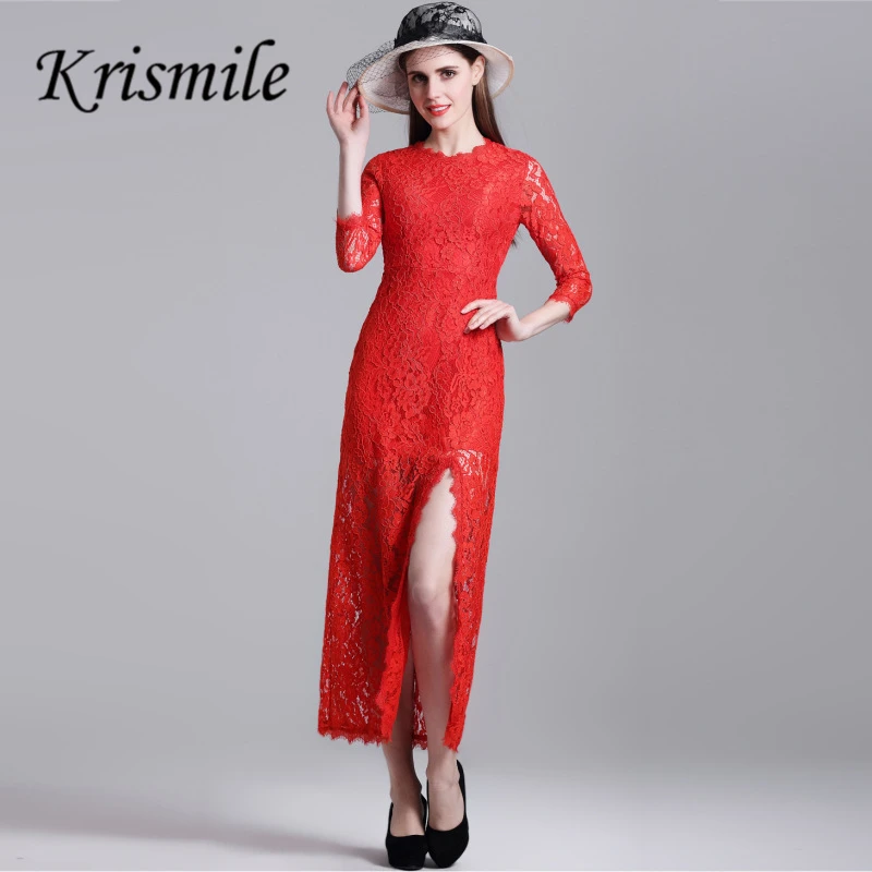 Graceful Floral Lace Crochet Dress Retro Half Sleeve Hollow Out Formal