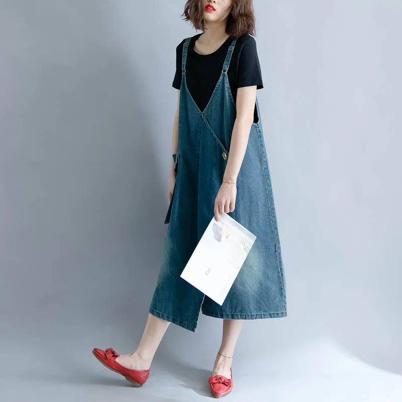 Женское летнее джинсовое платье корейского размера плюс, длинные джинсовые платья без рукавов, винтажные Женские повседневные свободные платья 4XL - Цвет: Синий