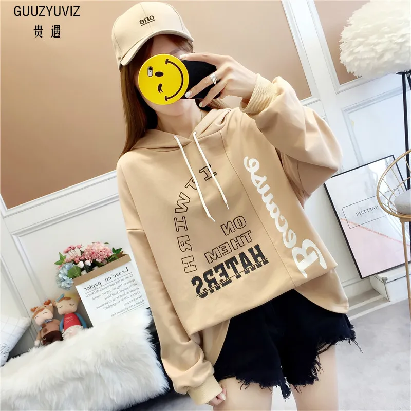 GUUZYUVIZ с принтом букв Cropped Hoodie для Для женщин 2018 осень Повседневное свободные тонкая Толстовка Для женщин Harajuk Chic Для женщин топы женские