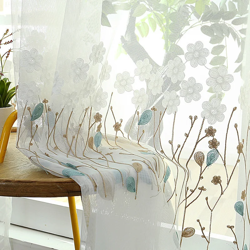 

Floral Embroidered Voile Curtain for Bedroom Delicate Elegant Sheer Tulle Leaf Kitchen Window Drapes M044C