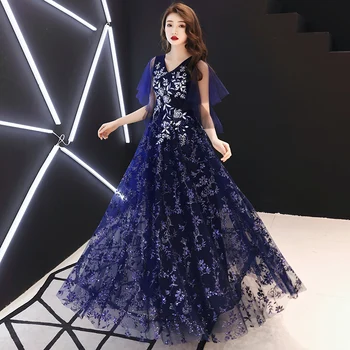 

2020 New Long Evening Dress for Woman V Neck A-Line Decorated with Flower Tull Blue Prom Dress vestido de festa LYFY148