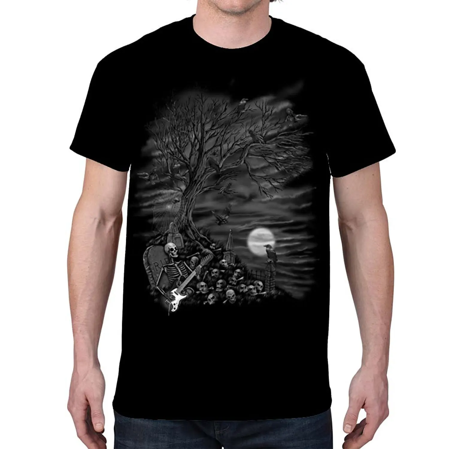 Men's SKULL WITH GUITAR AND TREE Black T-Shirt New T Shirts Funny Tops Tee Shirt New Funny Brand Clothing  Summer Plus Size