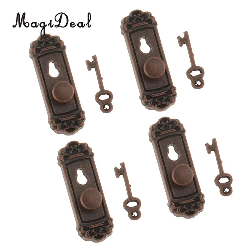 MagiDeal 4 Pieces 1/12 Dollhouse Miniature Vintage Door Locks with Keys for Dollhouse DIY Furniture Toys Accs-Bronze
