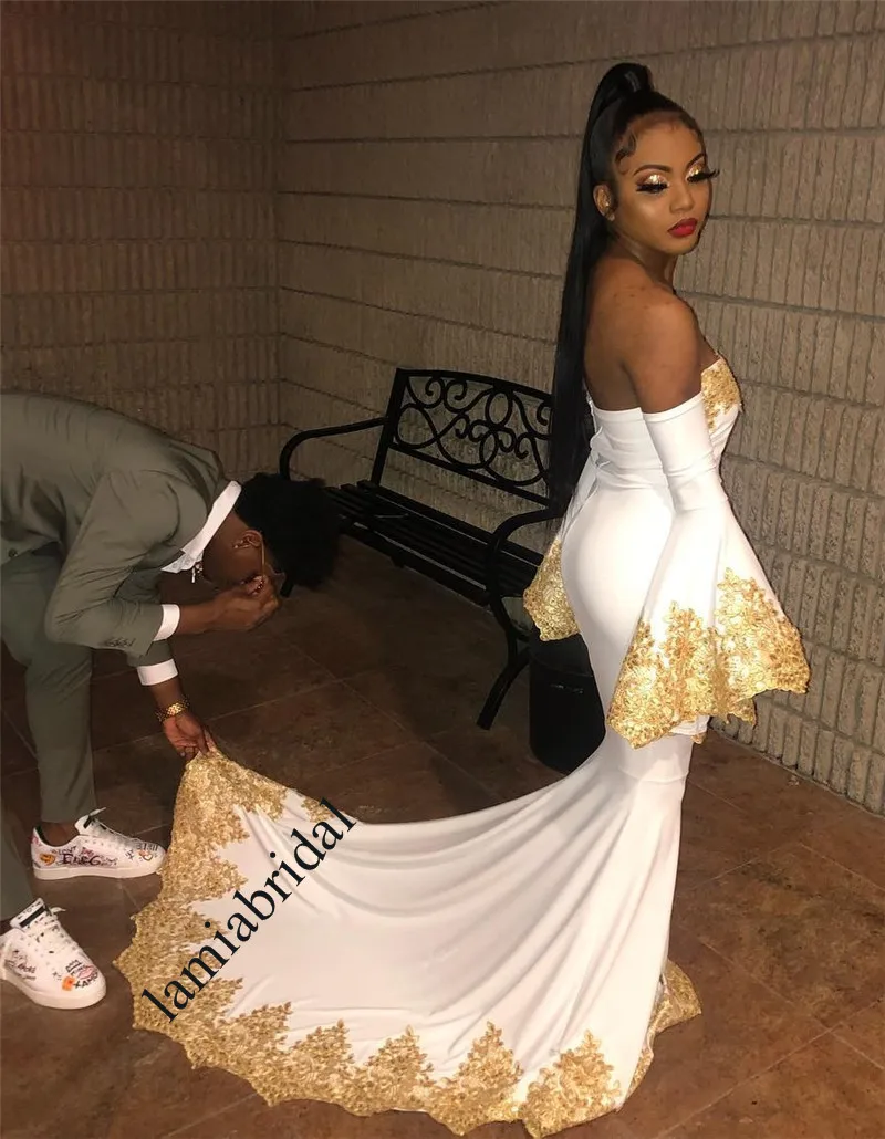 

Sexy Off Shoulder Mermaid Prom Dresses 2019 Gold Lace Appliques Plus Size Long Sleeves CHeap 2k19 vestidos de fiesta largos