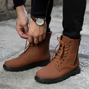 

Men Motorcycle Boots Vintage Combat Boot Winter Fur 2018 New Cow Split Leather Waterproof Buckle Military Boots Men Shoes