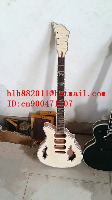 

unfinished hollow electric guitar with mahogany and neck with shell Mosaic without paint+free shipping F-2147