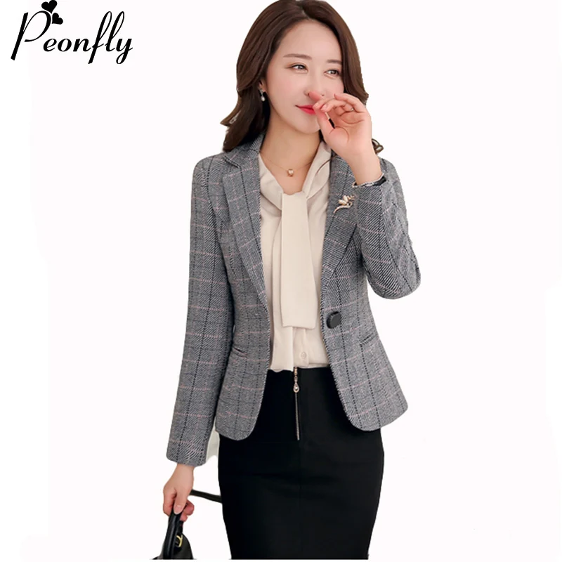 

PEONFLY Blazer Feminin Women gary Plaid Blazer Ol Style Slim Blazers And Jackets One Button Suit Office Jacket Elegant 3xl