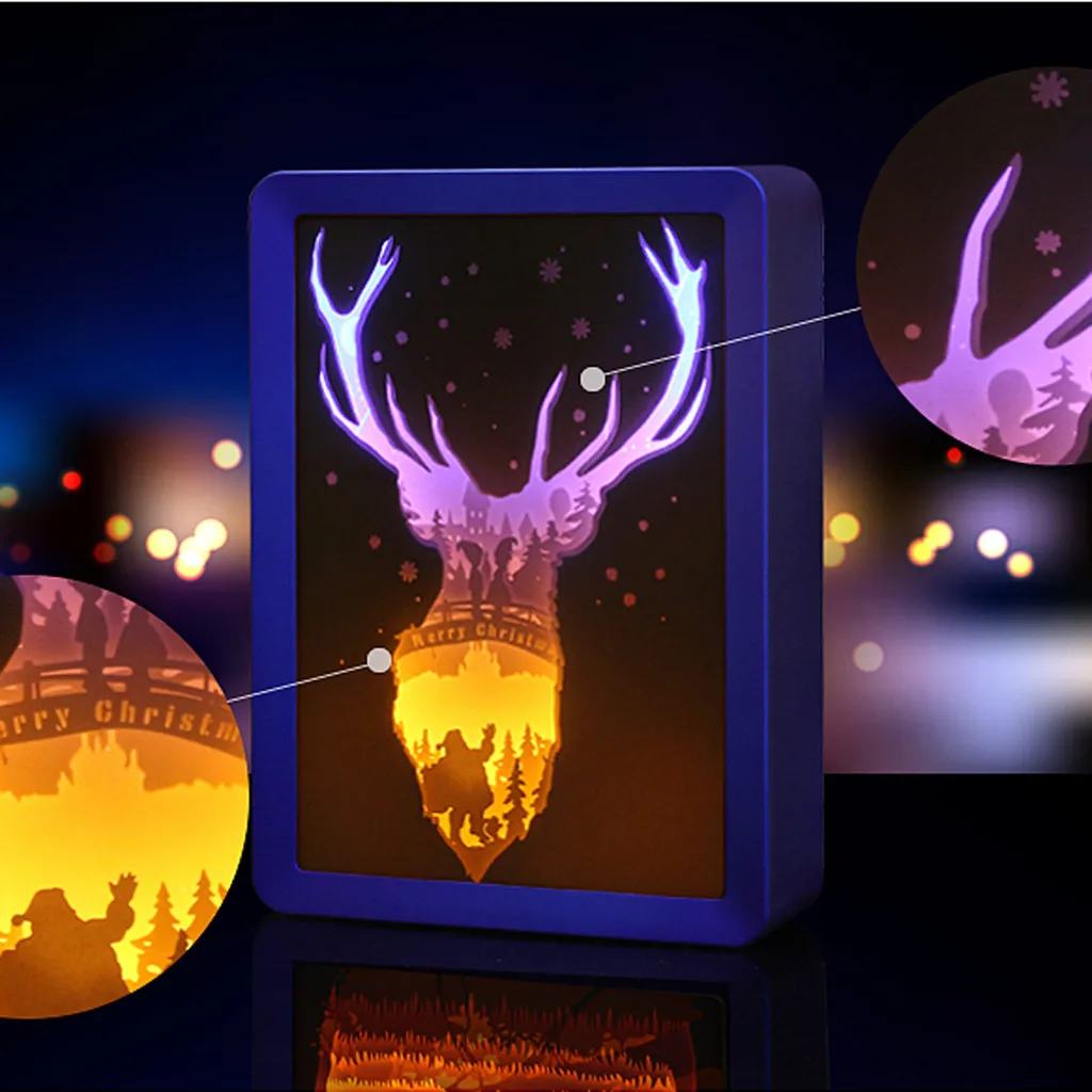 

Xmas Decor New Year luminous christmas LED 3D Stereoscopic Light elk Paper Carving Lamp dinner Table Decoration for Home Natal