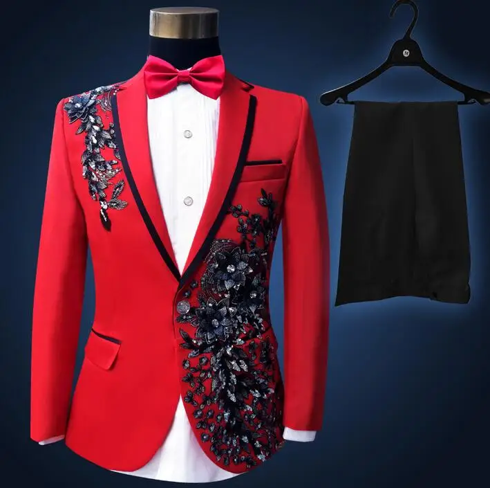 Мужской костюм Тонкий красный вышитые торжественное платье с блестками фортепиано Костюмы Мужчины блесток Блейзер Танцы одежда куртка