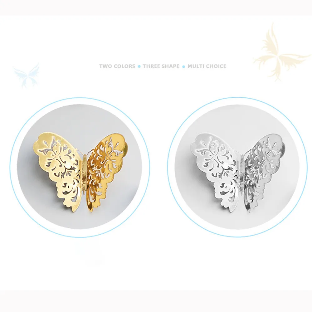 12 Pcs/Set 3D Wall Stickers Butterfly Hollow Paper 3Sizes Silver Gold For Fridge Stickers Home Party Wedding Decor