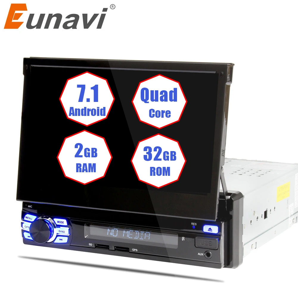 

Eunavi Single 1 Din 7" Android 7.1 Quad core Car PC Radio Stereo GPS Navigation Universal 1024*600 HD Head Unit Wifi USB NO DVD