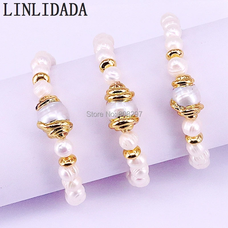 

6Pcs Natural pearl beads strand bracelet bangle with electrplated pearls Spacer Connector Bracelet for women
