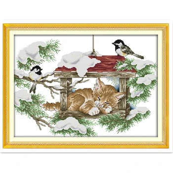

Deep Sleep Cat And Birds 11CT 14CT Printed On Canvas Home Decoration Chinese Counted Cross Stitch Pattern Embroidery Cross Set