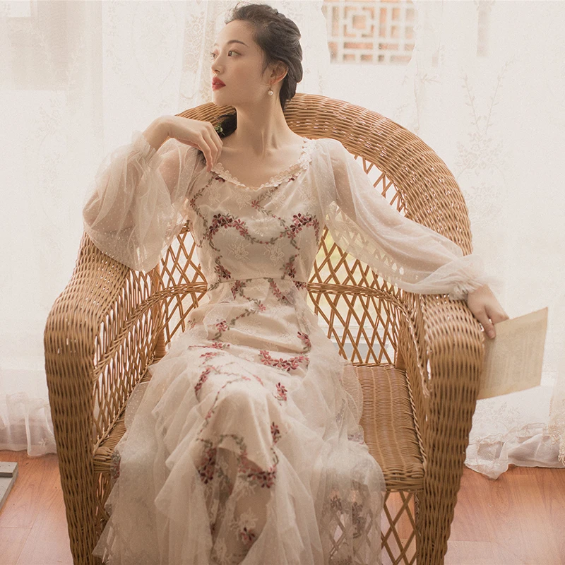 

KHALEE YOSE Floral Embroidery Maxi Dress Casual Chic Long Party Women Dresses Sheer Sleeve Ruffles Holiday Fairy Summer Dress