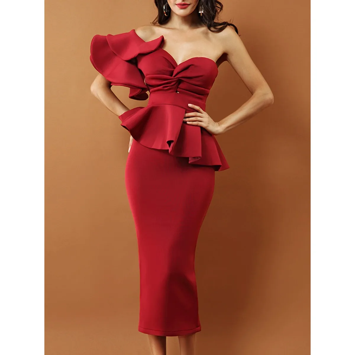 

Kinikiss 2018 women autumn bodycon dress red off shoulder party dress ruffle sleeve asymmetric zipper backless double-layer